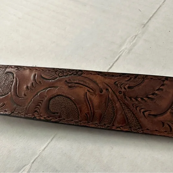 Tooled Leather Belt Brown with Silver Very Distressed Etched Hardware Never Worn - Picture 4 of 10